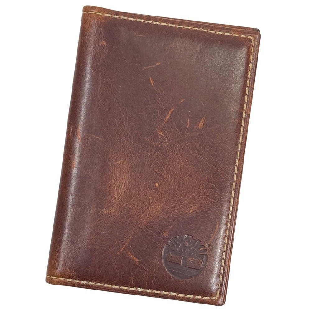 Timberland Leather Bifold Card Case Wallet Mens Brown Distressed Logo